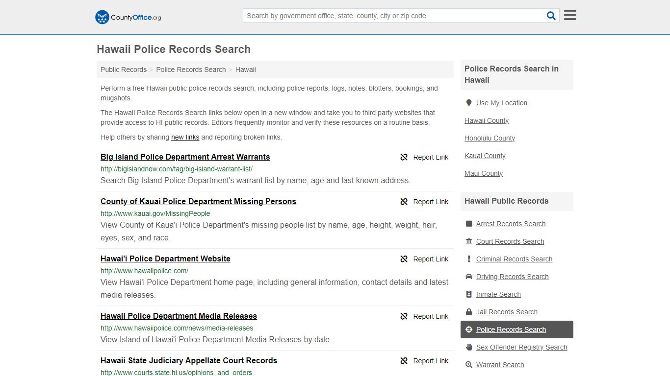 Police Records Search - Hawaii (Accidents & Arrest Records) - County Office